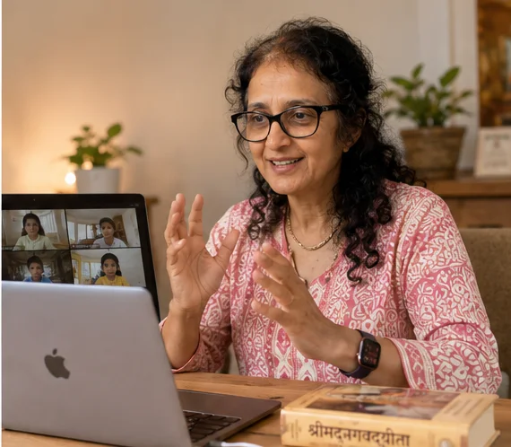 Aditi Mataji teaching children in a live online class
