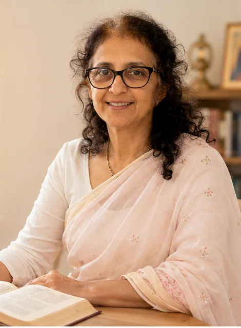 Aditi Mataji reading from the Bhagavad Gita at her study table