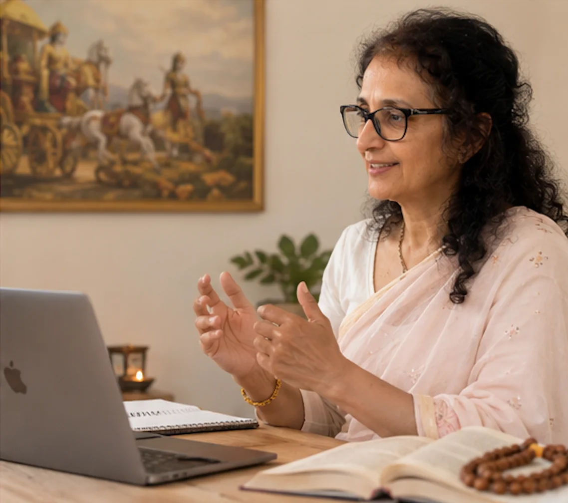 Aditi Mataji teaching a weekend class on Zoom