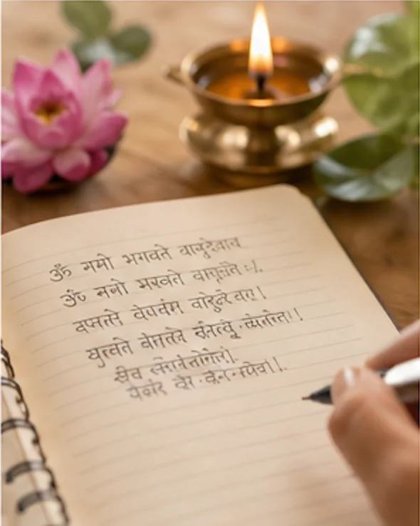 A shloka practice notebook beside a lit diya